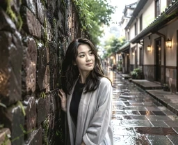 青苔石壁旁的她